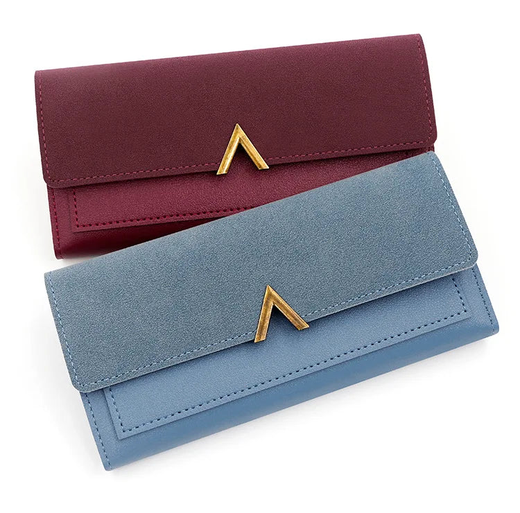 New Korean version women's wallet long V-shaped buckle three fold wallet for women, hand-held bag, change card bag - Clikcy