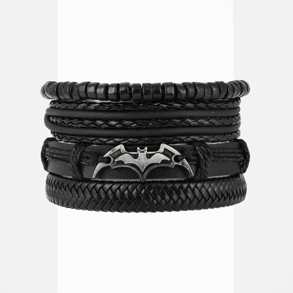 4Pcs/set Leather Beaded Black Bat Bracelet Charming Men's Bracelet New Fashion Hip Hop Punk Accessories Jewelry Gift Wholesale - Clikcy