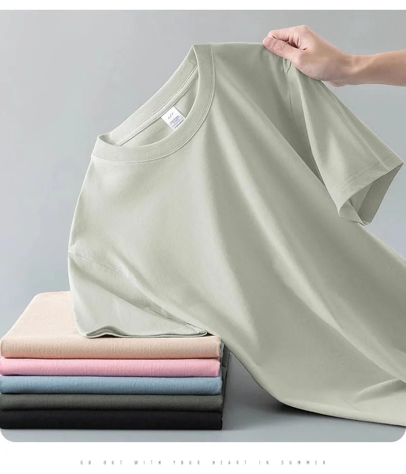 Heavyweight round neck pure cotton short sleeved t-shirt loose solid color white t men's and women's bottom shirt solid color - Clikcy