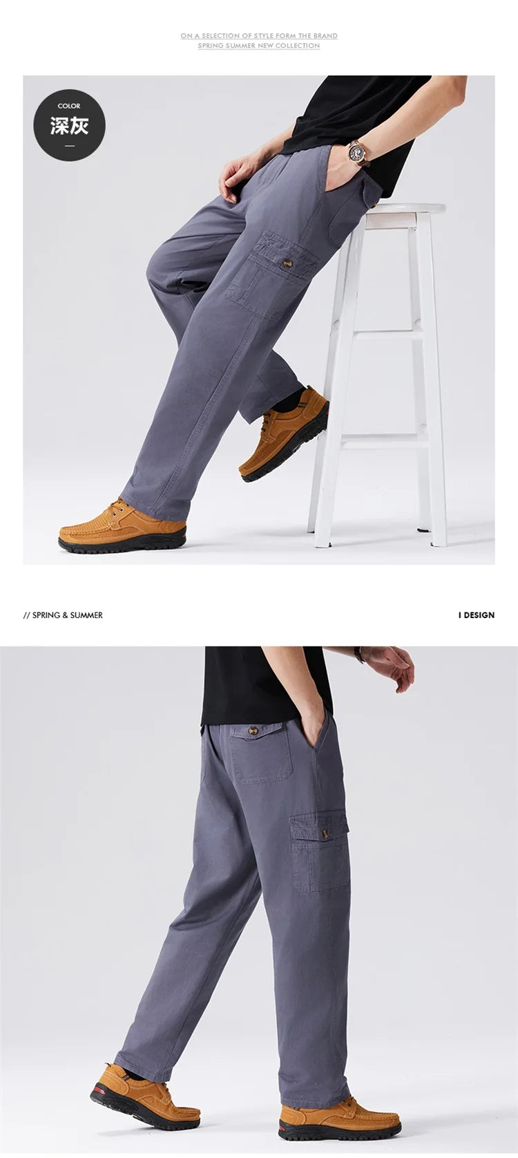 100% Cotton Men's Cargo Pants Straight Fit Loose Work Trouser Male Spring Summer High Waist Big Size Large Plus Elastic Pocket - Clikcy