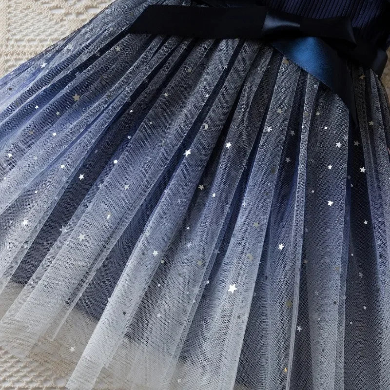 New Children's Dress for 3-8 Yrs Summer Dress Lotus Leaf Edge Design Bow Lace Up Star Sequin Sweet  Tulle Kids Dresses for Girls - Clikcy