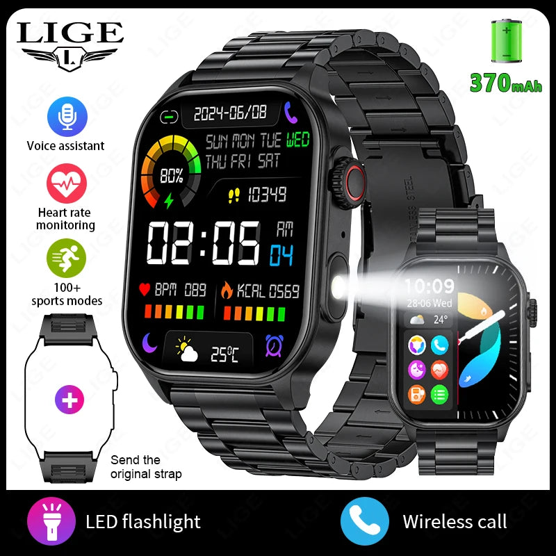 LIGE Smart Watch for Men 3ATM Waterproof Bluetooth Call Health Monitor With Flashlight 370mahBattery 100+Sport Mode Smartwatches - Clikcy