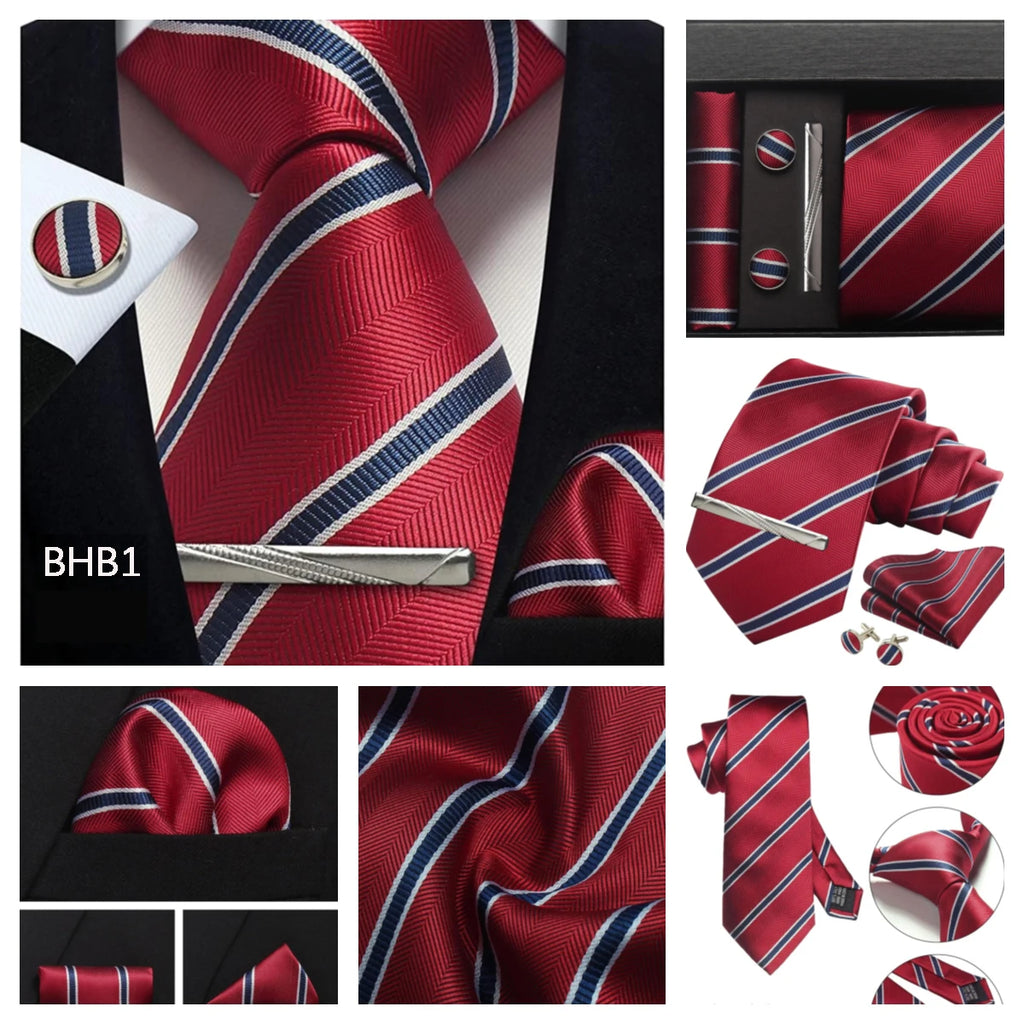 Classic 100% Silk Men's Ties In Gift box 8cm Plaid Dot Striped Business Necktie Handkerchief Cufflinks Wedding Party Tie Set - Clikcy