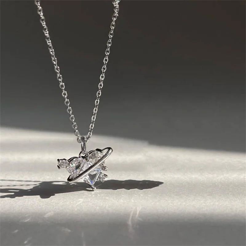 Y2K Pink Planet Heart Zircon Pendant Necklaces Women Fashion Aesthetic Clavicle Chain Necklace Valentines Day Gift Party Jewelry - Clikcy