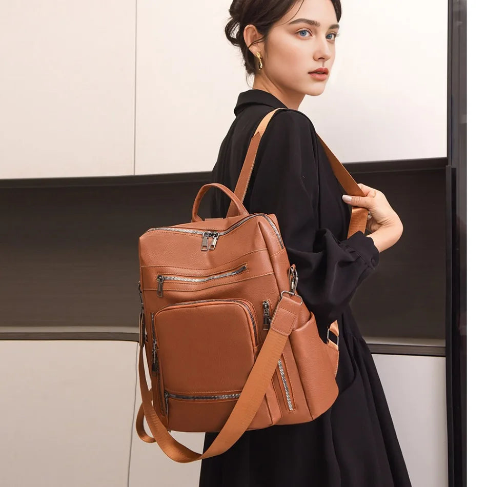 High-quality Leather Women Classic Back Pack 2025 Solid Color Luxury Travel Backpack Casual School Bags Girls Mochilas Feminina - Clikcy