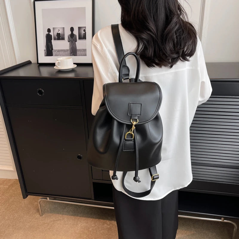 Genuine PU Leather Backpack Female Large Capacity Casual School Bag Solid Drawstring Travel Shoulder Bag Korean Fashion Backpack - Clikcy