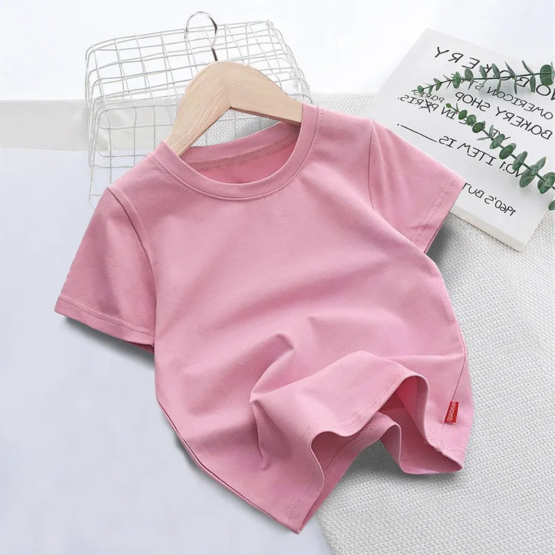 Summer Solid Color Children Cotton T-shirt for Boys Girls White Tops Tees Kids Clothes 2-10Y Student Casual Tee - Clikcy