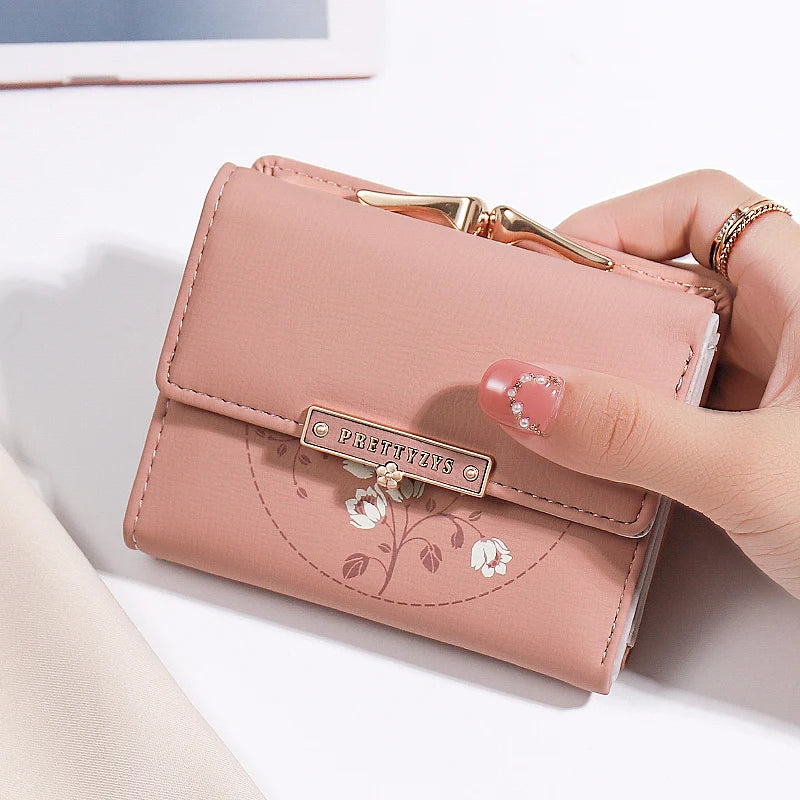 Purse women's summer new Korean PU printed buckle 3 fold bag simple all-in-one short women's money clip multi-card folding flap - Clikcy