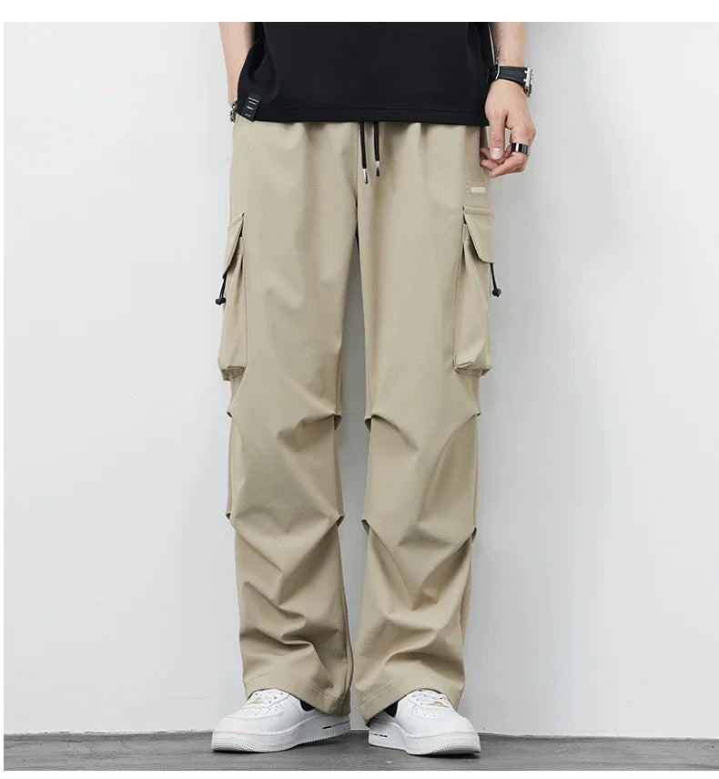 New Plus Size 8XL Men Casual Straight Pants Trousers Ice Silk Fashion Hip Hop Sweatpants Outdoor Stand Pocket Cargo Pants Y2K - Clikcy