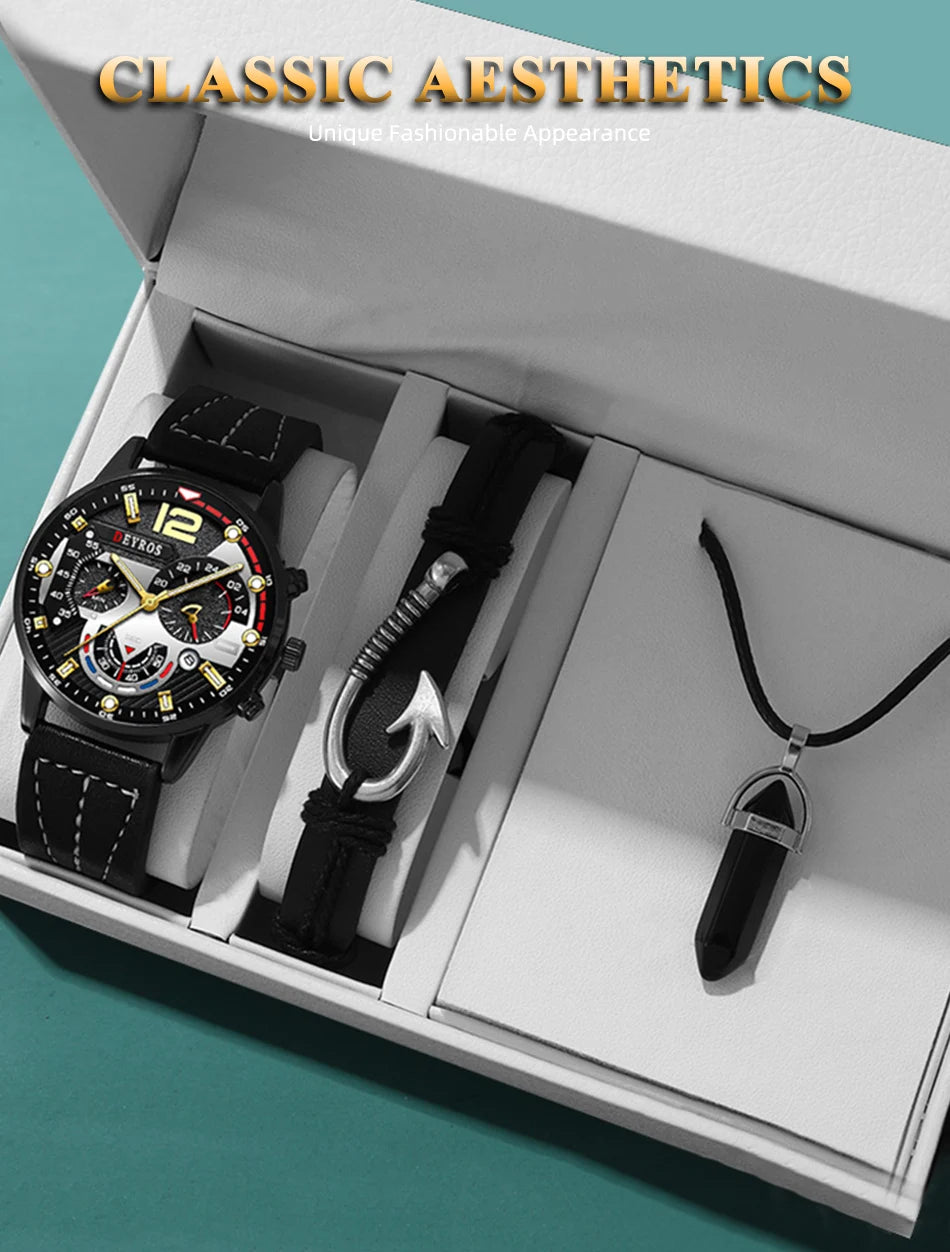 3PCS Set Fashion Mens Watches Luxury Black Leather Quartz Wristwatch Calendar Date Men Business Casual Watch Bracelet Necklace - Clikcy