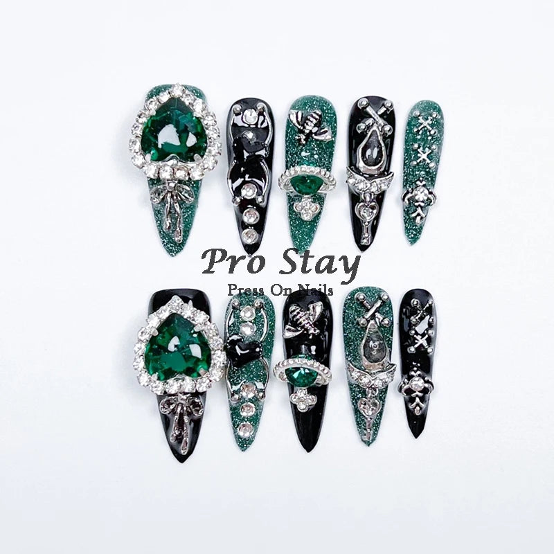 10Pcs Y2K Handmade Press On Nails Black Blue Heart Cross Designs for Parties Weddings Daily Wearable Artificial False Nail - Clikcy