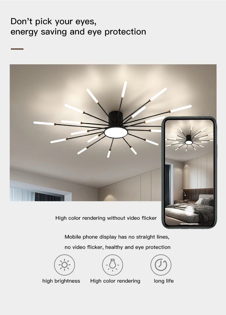 Led Firework Chandelier Dimmable For Living Room Bedroom Milk Yellow Ceiling Chandelier Dining Room LED Ceiling Lamp With Remote - Clikcy