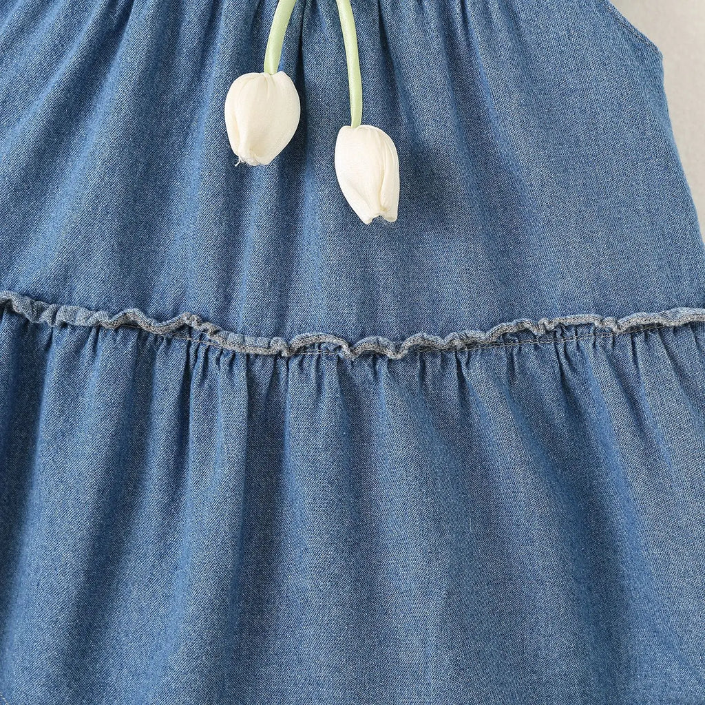 2025 Baby Girls Summer Dress Denim Children Tulip Love Bow Casual Clothes Cotton Soft and Comfort for Kids 1-4 year - Clikcy
