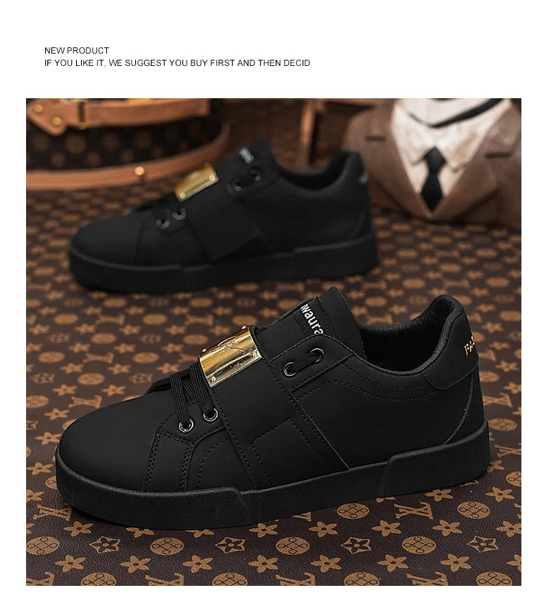 HKDQ Classic Black Sneakers For Men Fashion Design Leather Casual Sneakers Man Street Style Comfortable Men's Skateboard Shoes