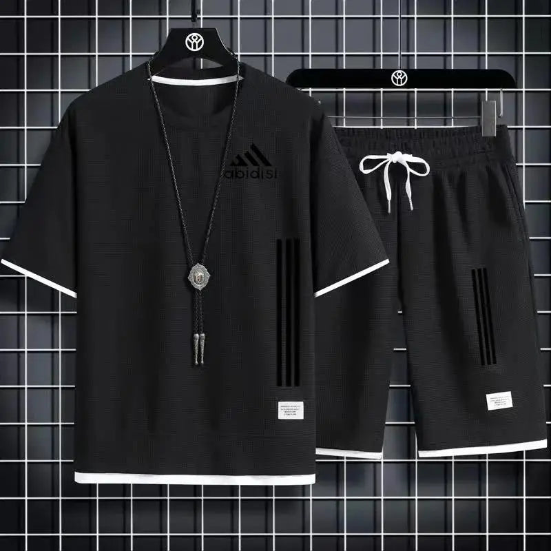 Adida 2024 Man New Tracksuits 2 Piece Short Sleeve Suits Printing T-shirt +Sweatpants Sets Sutdent Casual Summer Sport Clothes - Clikcy
