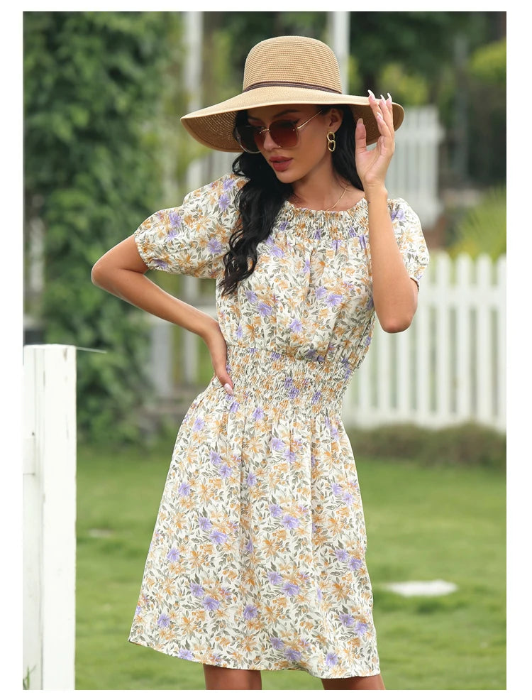 2025 Spring and Summer New Women's Random Printed Pullover Dress One Collar Midi Dress Beach Seaside Holiday - Clikcy