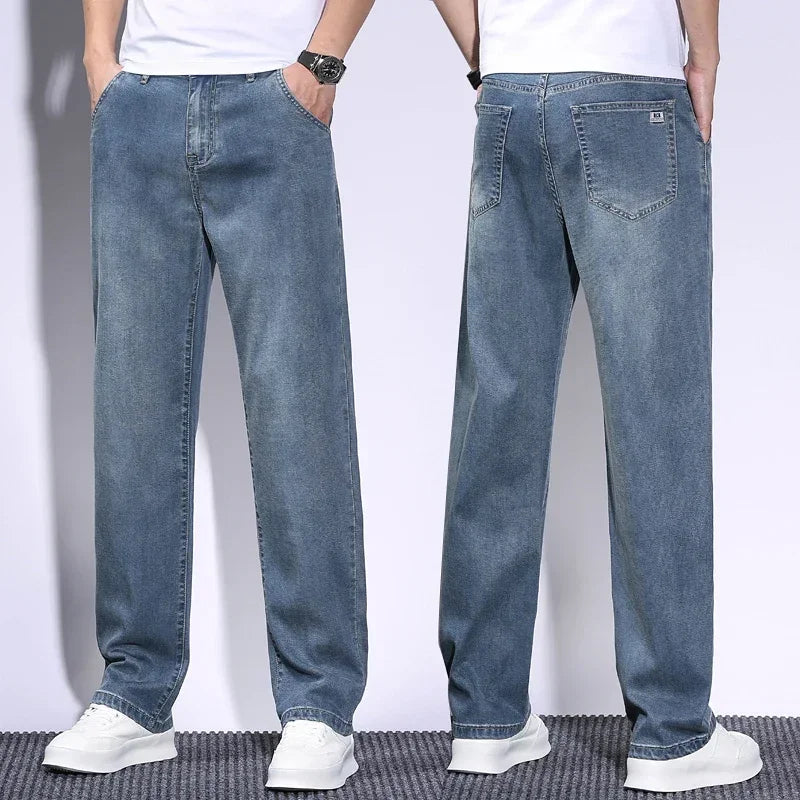 Soft Men's Lyocell Baggy Jeans Thin Summer Breathable Straight Pants Vintage Business Casual Fashion Korea Male Denim Trousers - Clikcy