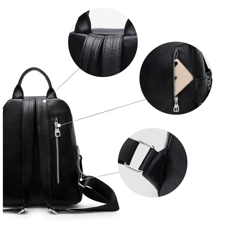 ZENCY Genuine Cow Leather Silver Metal Hardware Women Black White Color Backpacks Young Girl First Layer Cowhide Shooping Bag - Clikcy