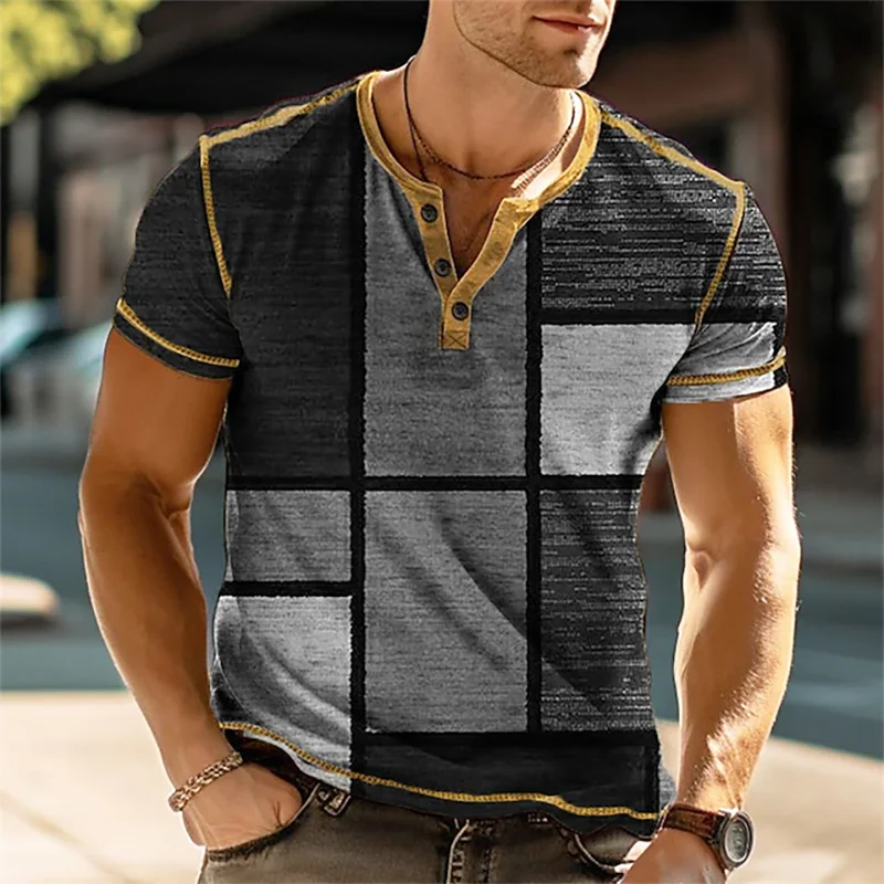 3D Print Patchwork Color Block Vintage Henley Shirts Men's Fashion Oversized Button-Up Short Sleeve T-Shirts Tops Clothes - Clikcy