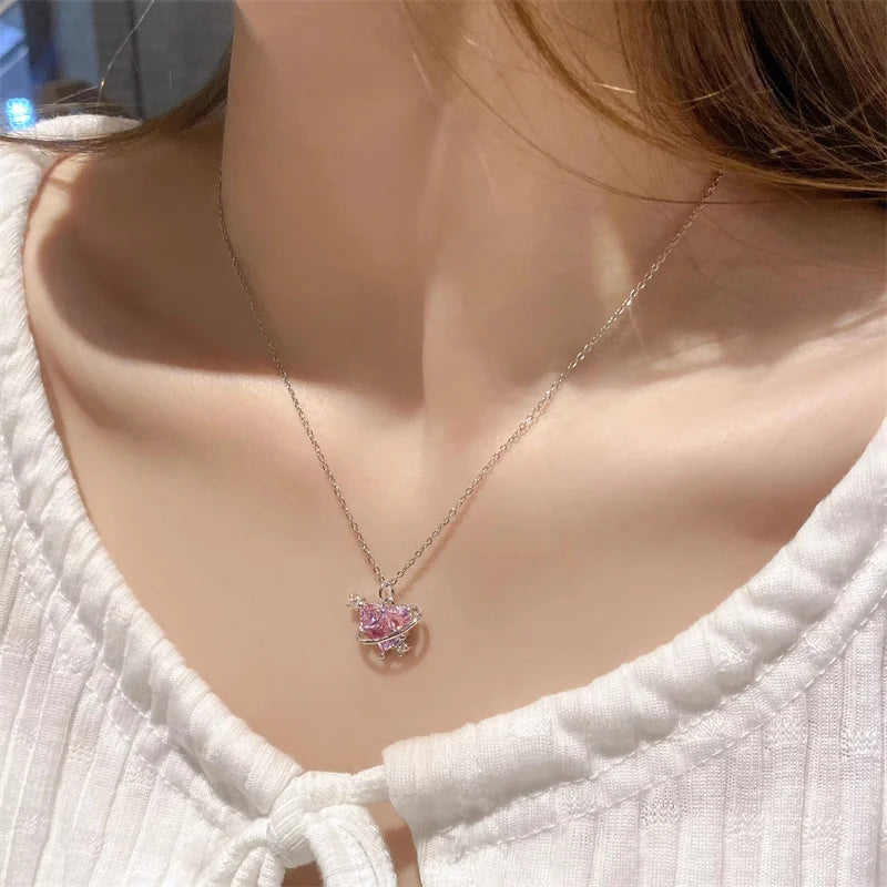 Y2K Pink Planet Heart Zircon Pendant Necklaces Women Fashion Aesthetic Clavicle Chain Necklace Valentines Day Gift Party Jewelry - Clikcy