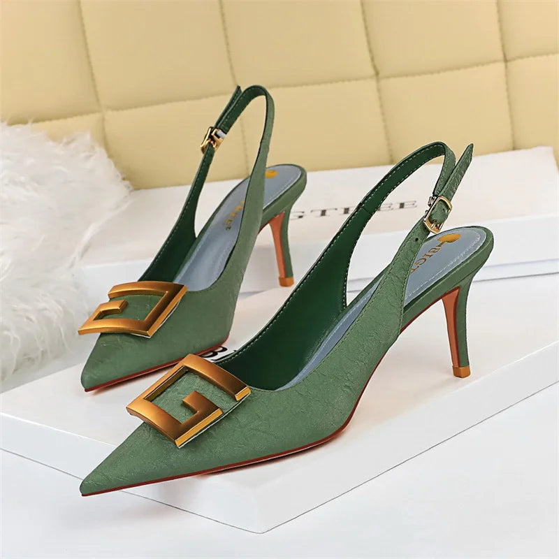 Metal Square Buckle Thin Heel Party Shoes Black Green White Woman Pointed Toe Hollow Back Strap Pumps Middle Heel Sandals - Clikcy