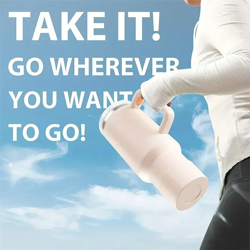 40oz 304 Stainless Steel Insulated Water Bottle,Thermal Coffee Car Cup, Cold Hot Mugs Vacuum Flask With Handle Straw,For Sport - Clikcy