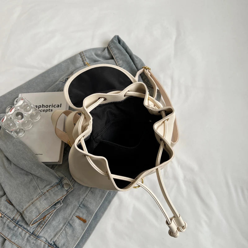 Genuine PU Leather Backpack Female Large Capacity Casual School Bag Solid Drawstring Travel Shoulder Bag Korean Fashion Backpack - Clikcy