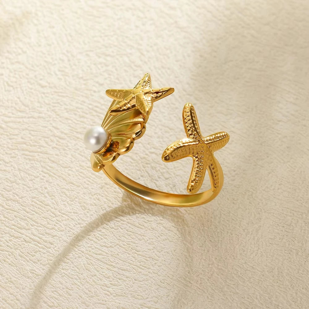 Ocean Starfish Shell Open Rings For Women Gold Color Stainless Steel Ring Summer Beach Aesthetic Waterproof Jewelry Gift - Clikcy