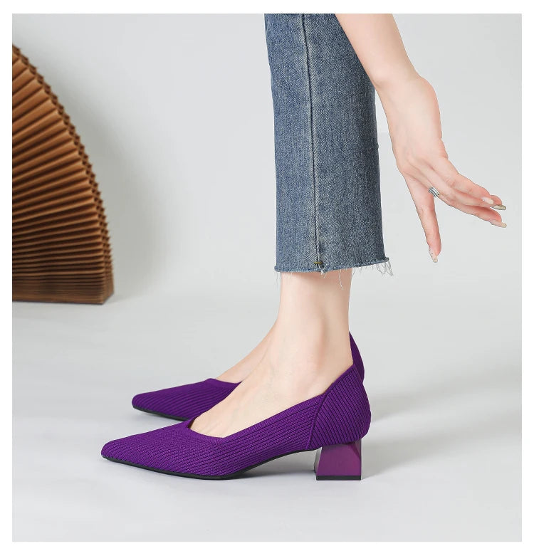 Women's large high-heeled shoes Multicolor pointy knit breathable comfortable anti-skid rubber sole work shoes 2023 new autumn - Clikcy