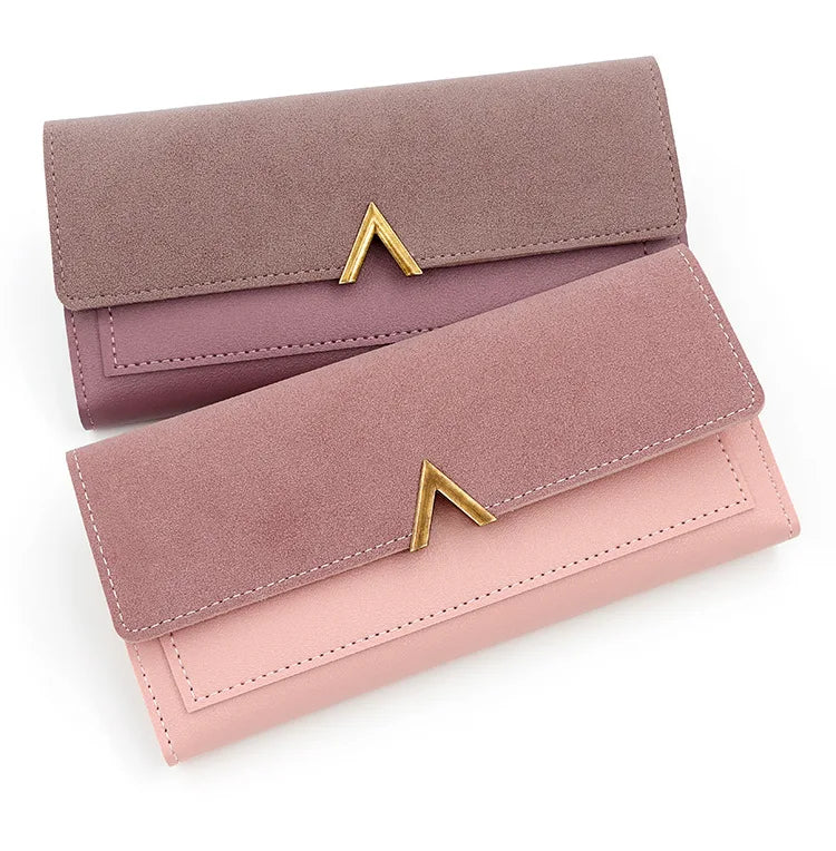 New Korean version women's wallet long V-shaped buckle three fold wallet for women, hand-held bag, change card bag - Clikcy