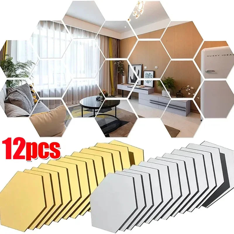 6/12Pcs Hexagon Acrylic Mirror Wall Stickers Home Decor DIY Removable Mirror Sticker Living-Room Decal Art Ornaments For Home - Clikcy