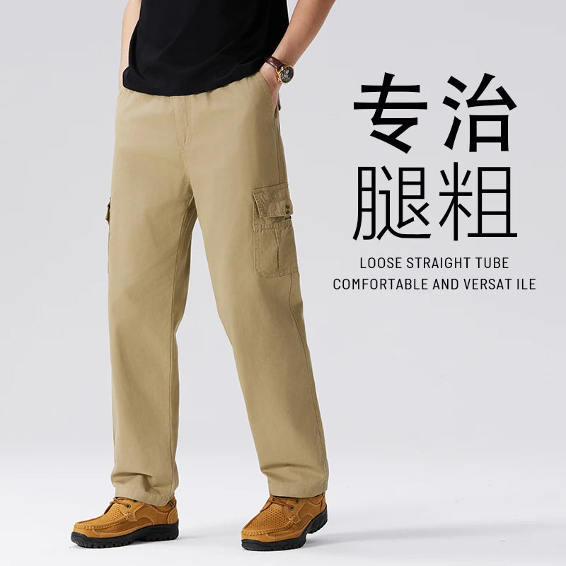 100% Cotton Men's Cargo Pants Straight Fit Loose Work Trouser Male Spring Summer High Waist Big Size Large Plus Elastic Pocket - Clikcy