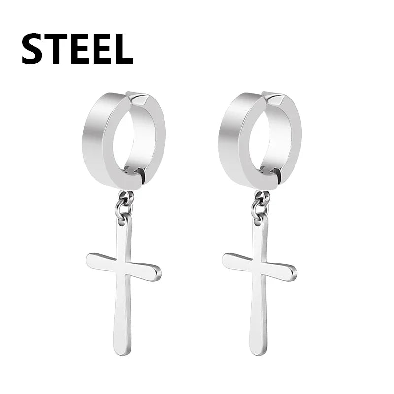 2pc Stainless Steel Men Cross Stars Punk Dangle Earrings Gothic Woman Cross Ear Hoop Earrings Huggies Pendant Piercing Jewelry - Clikcy