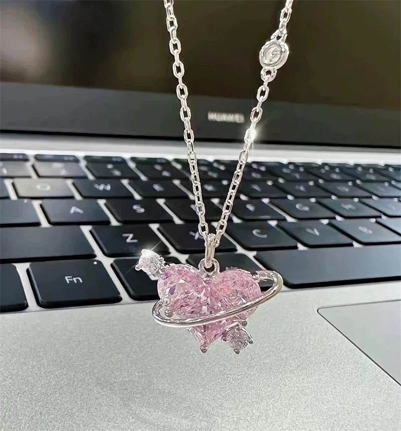 Y2K Pink Planet Heart Zircon Pendant Necklaces Women Fashion Aesthetic Clavicle Chain Necklace Valentines Day Gift Party Jewelry - Clikcy