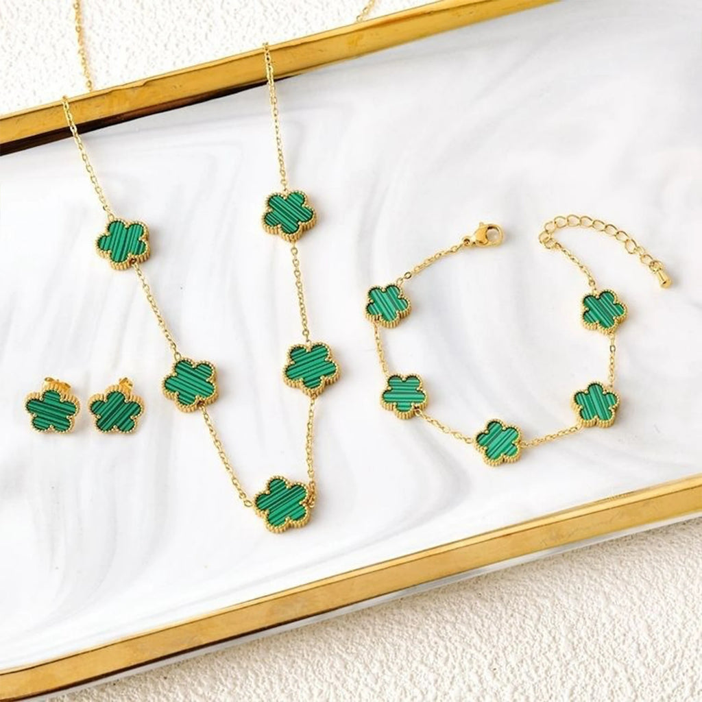 3Pcs 18k Gold-Plated Five-Leaf Flower Necklace Earrings Bracelet Jewelry Set For Woman Fashion Party Jewelry Daily Wear Clover - Clikcy