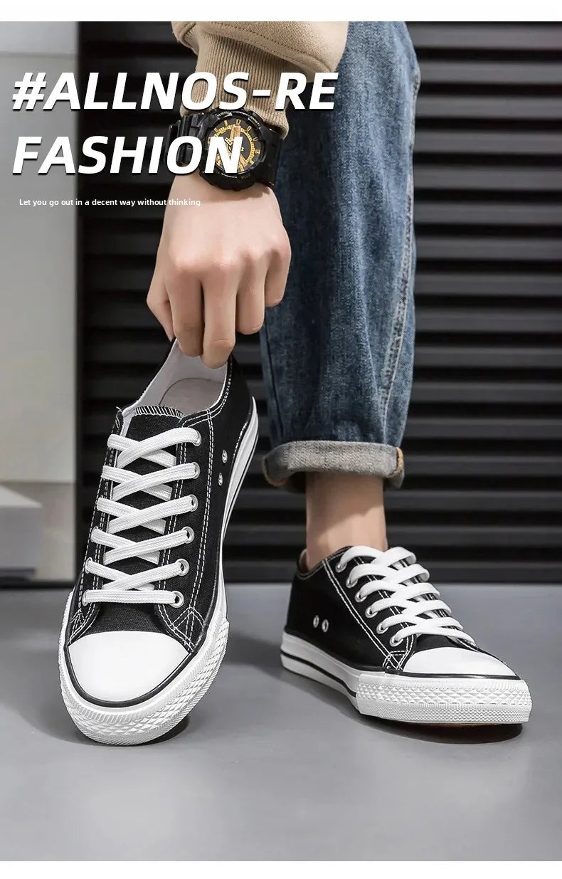 Men's All-Black Low-Top Canvas Shoes Spring Casual Sports Flat Bottom Couple's Sulfurization Flats Unisex Slip-On Sneakers