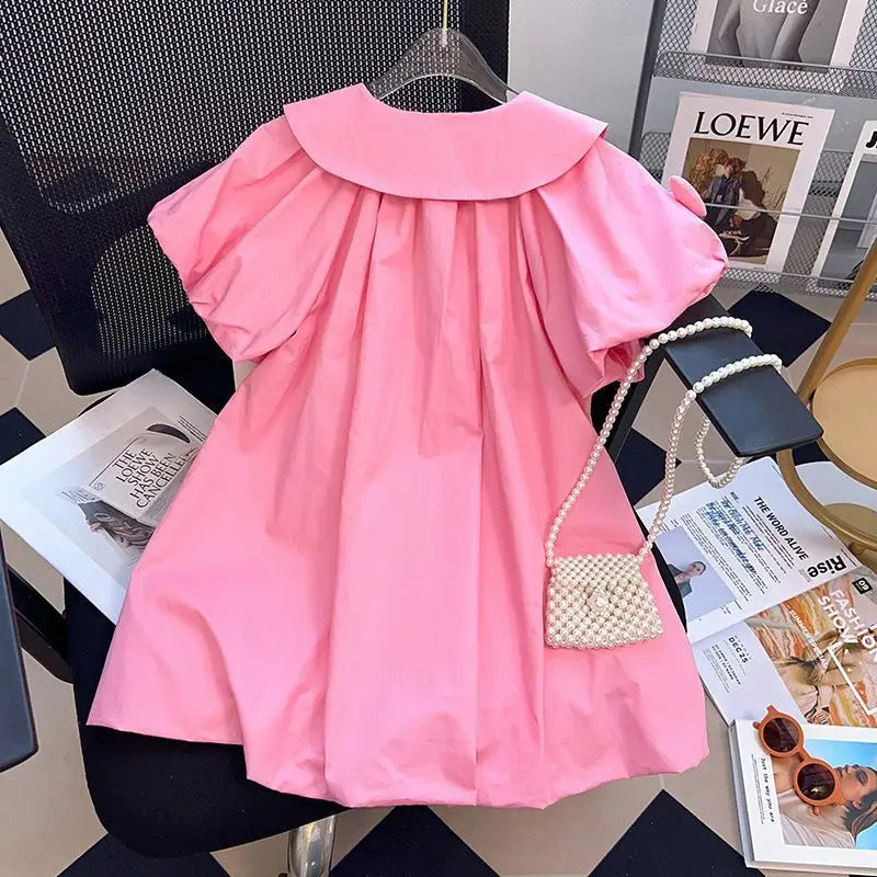 2-12Y Girls Summer Dress Small Lapel Single Breasted Design Cute Princess Dress Children Girls 3D Love Decal Bubble Sleeve Dress - Clikcy