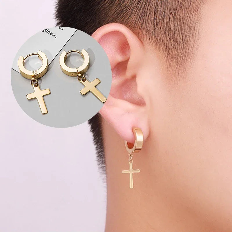 2pc Stainless Steel Men Cross Stars Punk Dangle Earrings Gothic Woman Cross Ear Hoop Earrings Huggies Pendant Piercing Jewelry - Clikcy