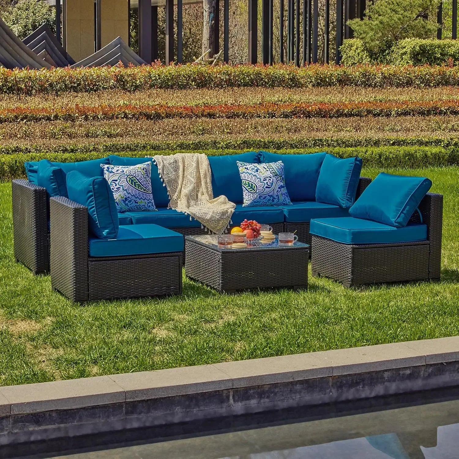 7 Pieces Outdoor Patio Furniture Sets, PE Rattan Wicker Patio Conversation Set with Tea Table - Clikcy