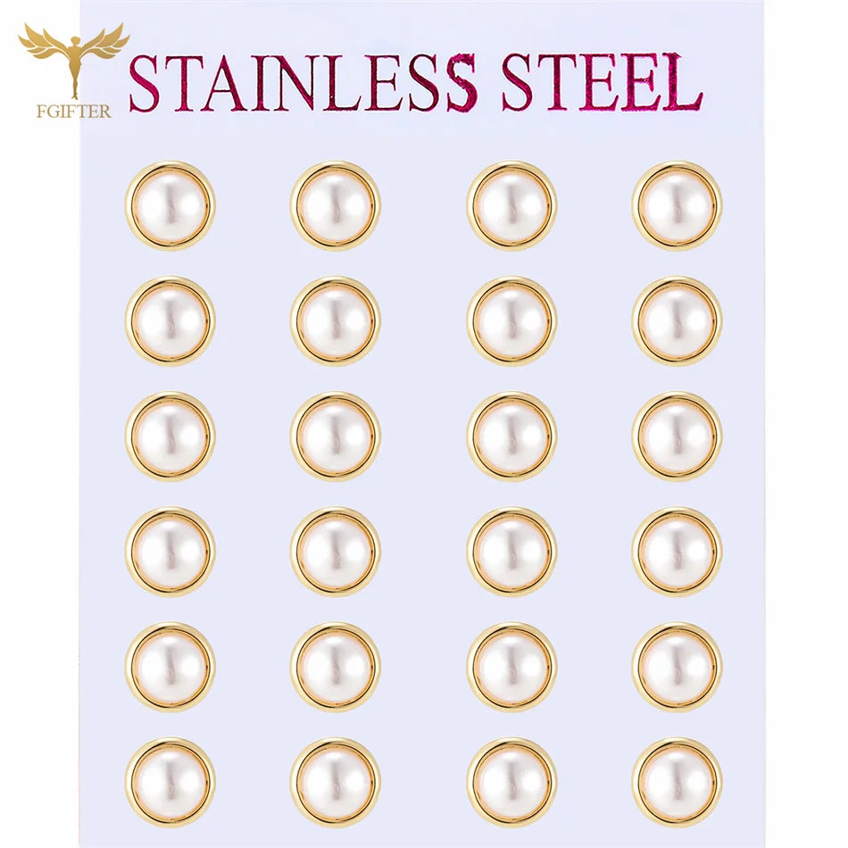 12 Pair Round Pearl Earrings for Women Girl Simple Ear Piercing Jewelry Golden Stainless Steel Stud Earrings Set Fashion Jewelry - Clikcy