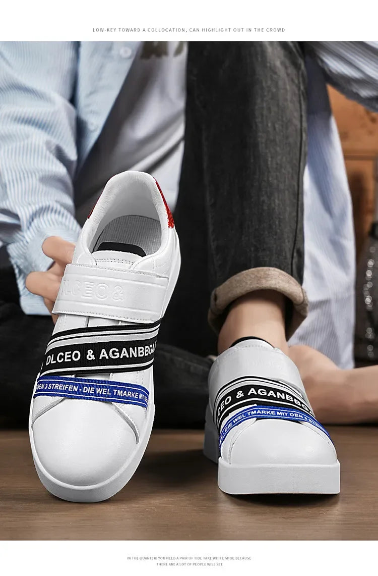 Original Design Leather Sneakers Men Trendy HOOK&LOOP Non-slip Men's Skateboard Shoes Fashion White Casual Sports Shoes For Men - Clikcy