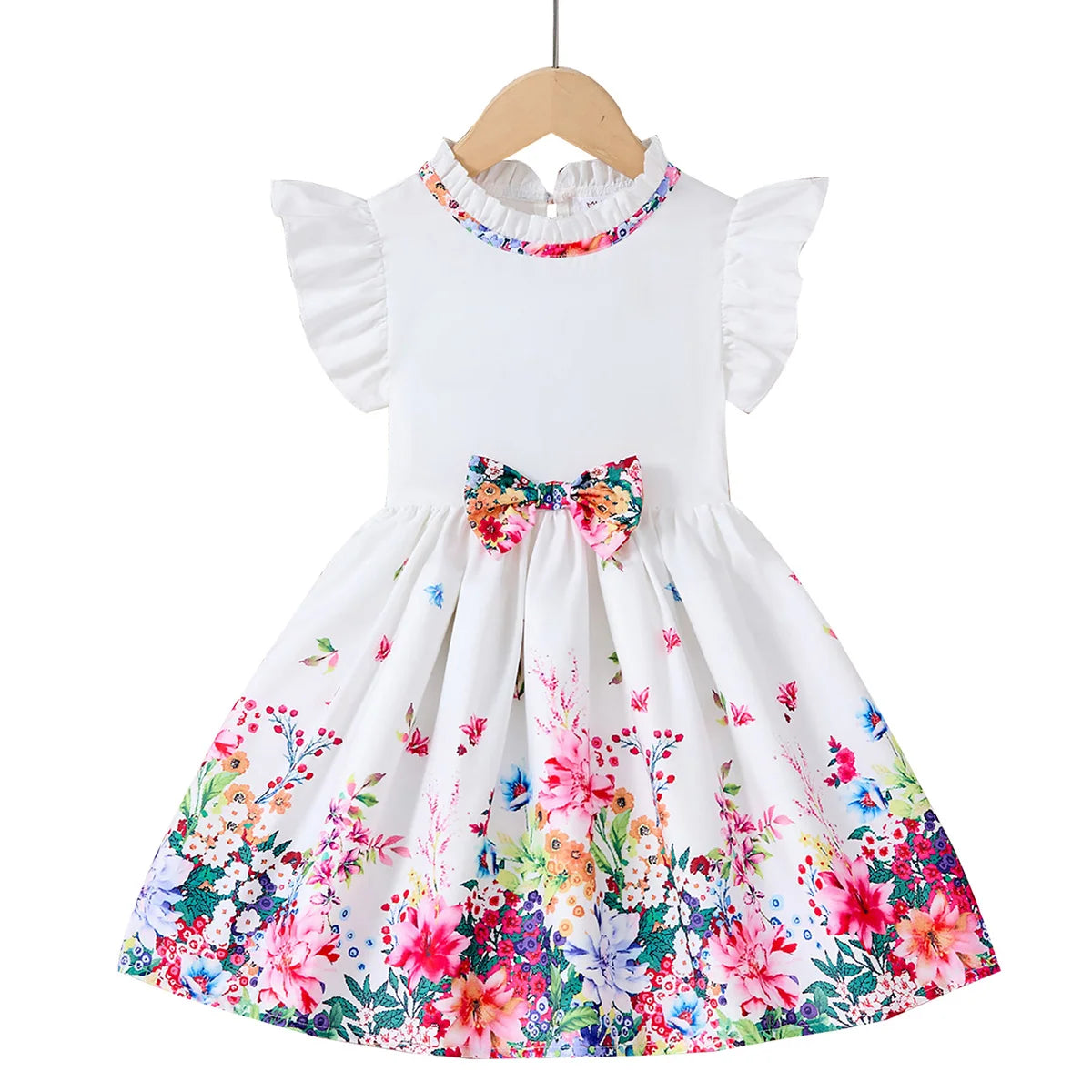 New Kids Girl Dress Summer Floral with Bow Fashion White Vestidos Short Sleeve Children Clothing Outfits Casual Daily Dresses - Clikcy