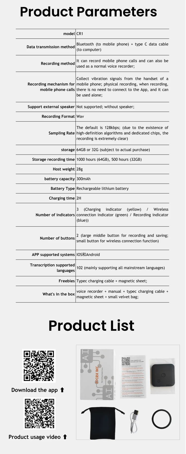 AI-Powered Voice Recorder and Call Recorder with Speech-to-Text & Summarization, Supports 100 Languages, 64GB Storage - Clikcy