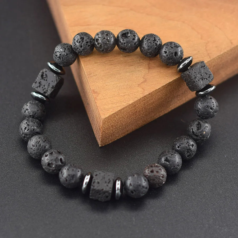 New Fashion Natural Stone Bracelet Men 8mm Onyx Lava Obsidian Strand Braclet Healing Beaded Bracelet Leisure Pulsera Accessories - Clikcy