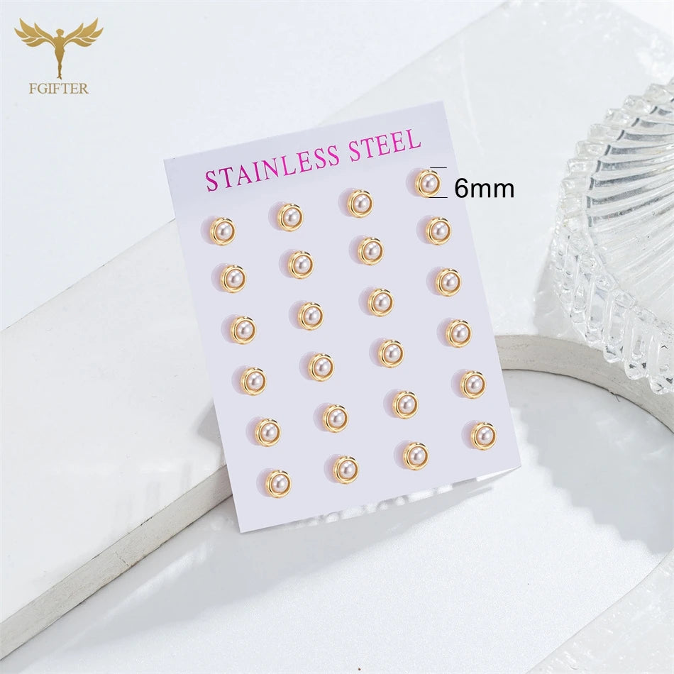 12 Pair Round Pearl Earrings for Women Girl Simple Ear Piercing Jewelry Golden Stainless Steel Stud Earrings Set Fashion Jewelry - Clikcy