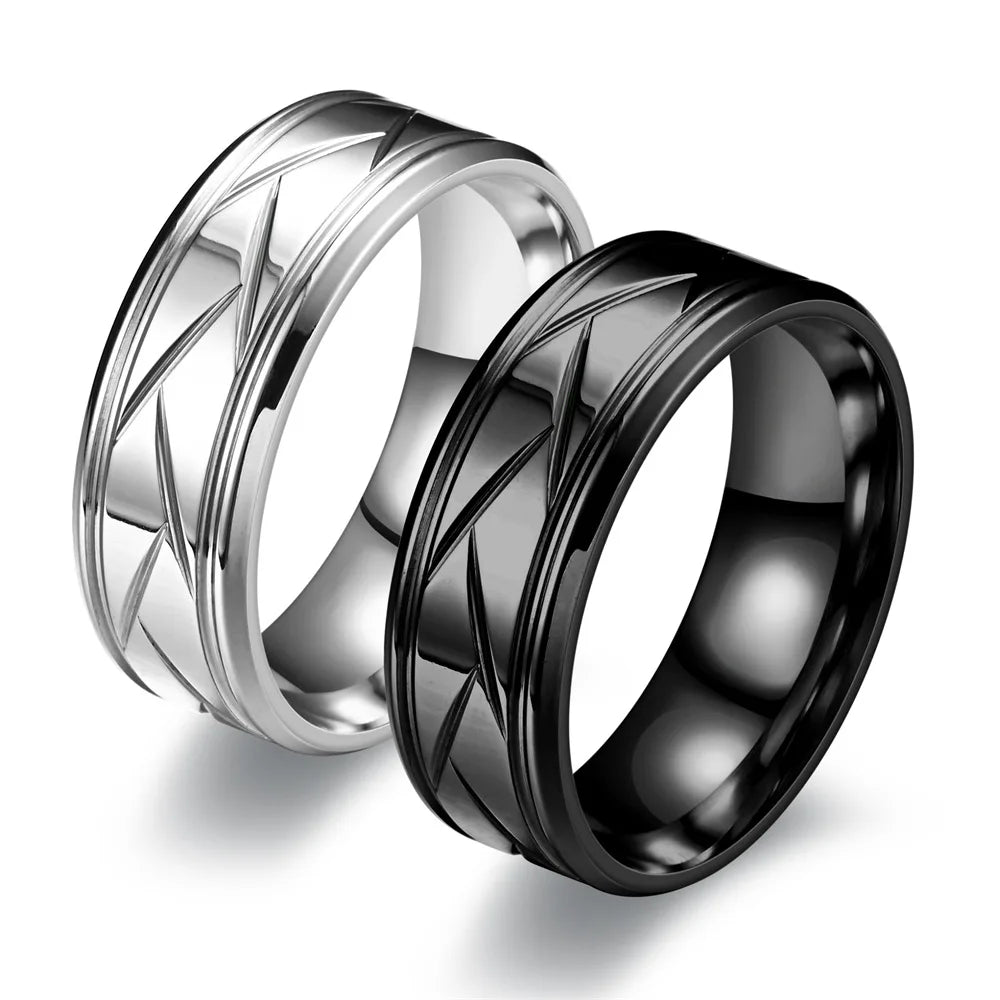 Fashion Men’s Silver Color Black Stainless Steel Ring Groove Multi-Faceted Ring for Men Women Engagement Ring Anniversary Gifts - Clikcy
