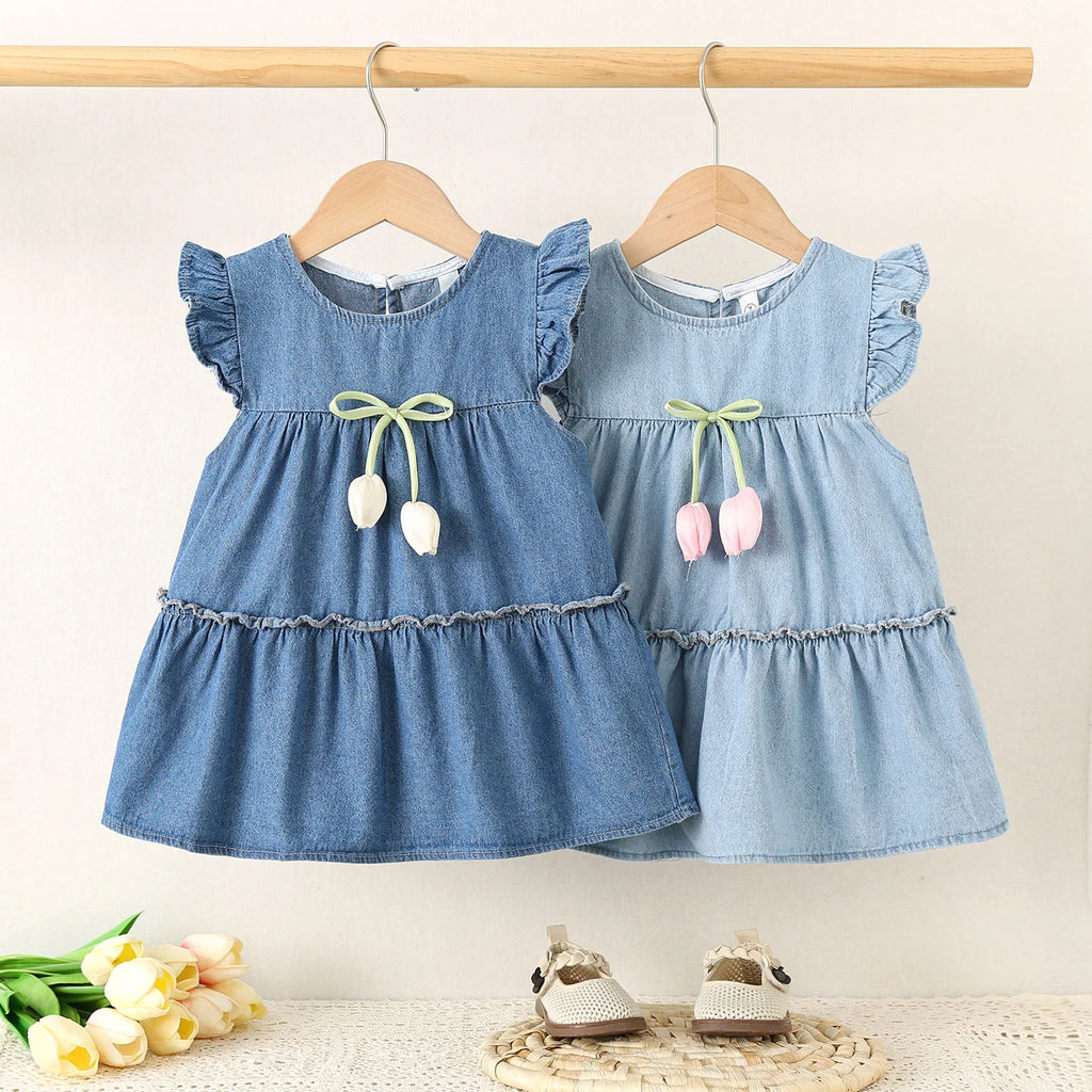 2025 Baby Girls Summer Dress Denim Children Tulip Love Bow Casual Clothes Cotton Soft and Comfort for Kids 1-4 year - Clikcy