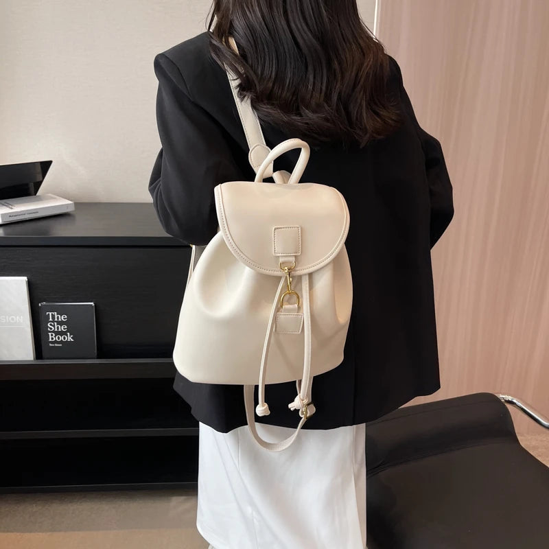 Genuine PU Leather Backpack Female Large Capacity Casual School Bag Solid Drawstring Travel Shoulder Bag Korean Fashion Backpack - Clikcy