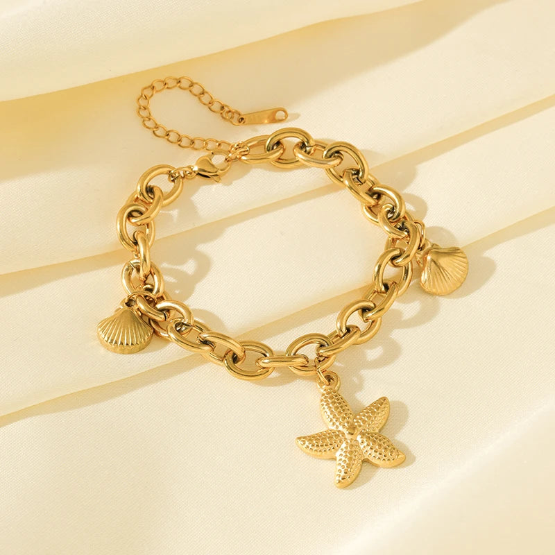 EILIECK 316L Stainless Steel Gold Color Starfish Shells Charm Bracelet For Women New Trendy Wrist Chain Jewelry Holiday Gifts - Clikcy