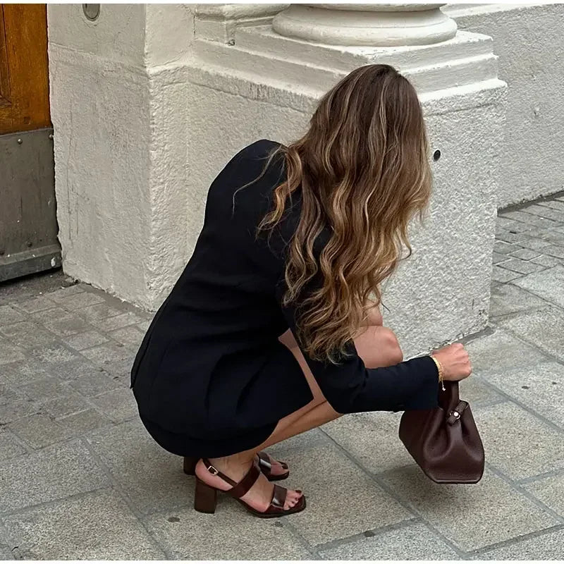 Casual Single Breasted Loose O-neck Blazer Coat Elegant Solid Skirt Set for Women High Waist Skirts Female 2025 Spring Outfit - Clikcy